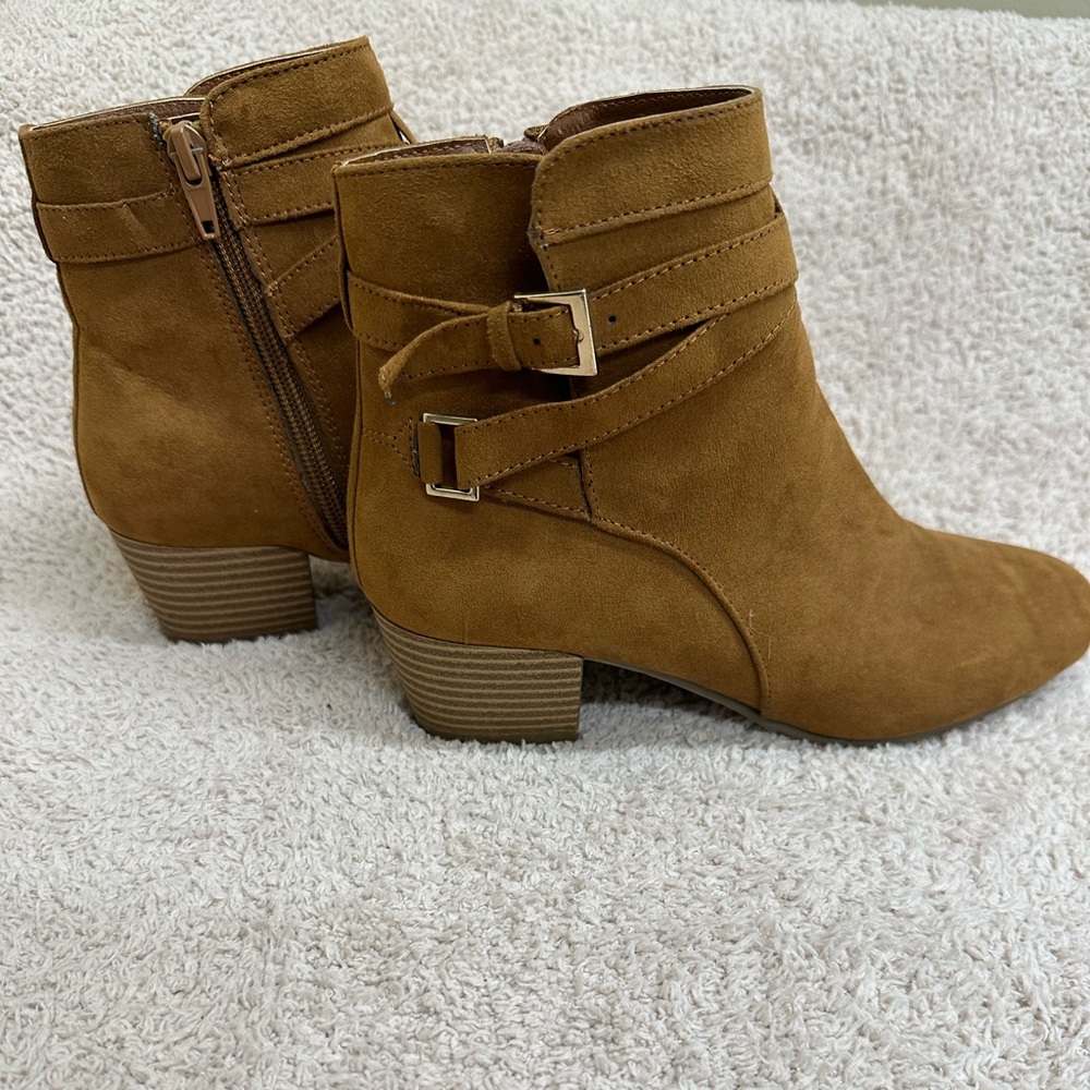 Women’s Tan Suede Ankle Booties with Buckle Detail